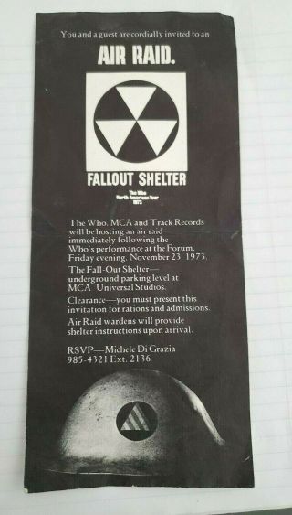 1973 The Who Concert Party Invitation.  Fallout Shelter.  Quadrophenia