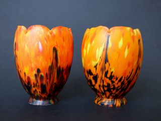 2 Orange Mottled Glass Shades Kralik Ruckl Lamp Ceiling Art Deco 1930s Pair
