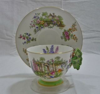 C1925 Aynsley England Figural Butterfly Handle Hand Painted Tea Cup & Saucer Duo