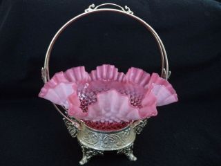 Fenton Glass Cranberry Pink Opalescent Hobnail Bride’s Bowl In Silverplate Stand