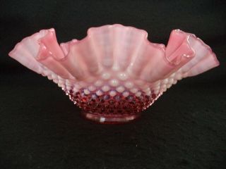 Fenton glass cranberry pink opalescent hobnail bride’s bowl in silverplate stand 5