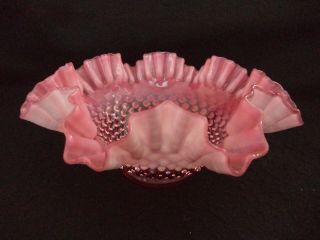 Fenton glass cranberry pink opalescent hobnail bride’s bowl in silverplate stand 6