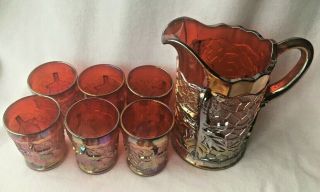 Red Carnival Maple Leaf Water Set Pitcher w/ 6 Tumblers Mosser Vintage 2