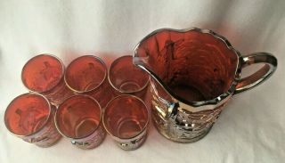 Red Carnival Maple Leaf Water Set Pitcher w/ 6 Tumblers Mosser Vintage 3