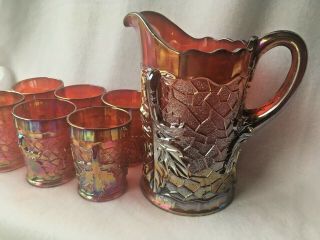 Red Carnival Maple Leaf Water Set Pitcher w/ 6 Tumblers Mosser Vintage 4