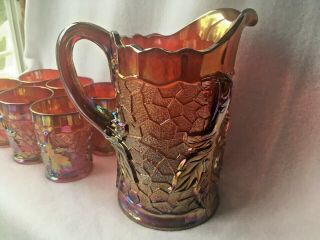 Red Carnival Maple Leaf Water Set Pitcher w/ 6 Tumblers Mosser Vintage 7