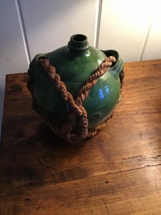 French Antique Terra Cotta Jug With Rope In French Green Color