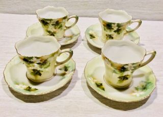 R.  S.  Prussia,  Set Of Four Set,  Teacup And Saucer,  White Flowers And Gold Trim,
