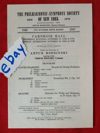 4/19/1942 Rodzinski Carnegie Yehudi Menuhi Hall Philharmonic - Symphony Ny Program