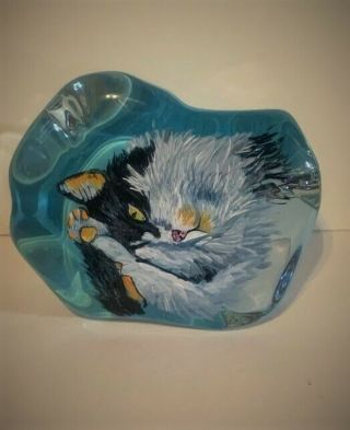 Fenton Iceberg Paperweight Curled Up Black & White Cat Ooak By Rachelle