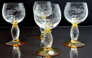 4 Theresienthal Pieroth Romer 5 1/4 " Wine Hock Glasses Etched Amber Yellow Clear