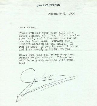 Joan Crawford Vintage Signed Letter 1966 Actress