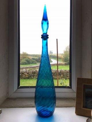 Vintage Swirl Blue Empoli Glass Decanter Genie Bottle Italy 1960s MCM 22.  5” 2
