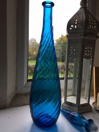 Vintage Swirl Blue Empoli Glass Decanter Genie Bottle Italy 1960s MCM 22.  5” 3