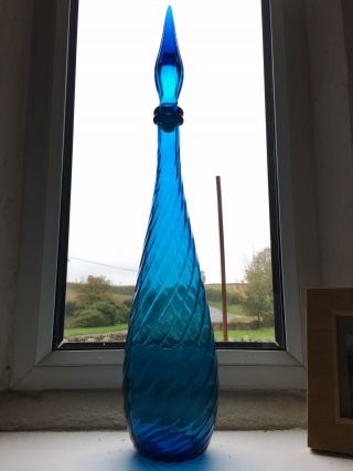 Vintage Swirl Blue Empoli Glass Decanter Genie Bottle Italy 1960s MCM 22.  5” 7