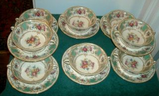 Syracuse China Old Ivory Romance Green Cream Soup Bowls W Saucer (9)