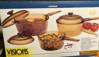 Vtg Nib Corning Visions Non - Stick Glass Cookware 6 Piece Set Made In Usa