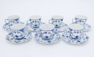 7 Cups & Saucers 1038 - Blue Fluted Royal Copenhagen - Full Lace - 2:nd Quality