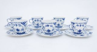 7 Cups & Saucers 1038 - Blue Fluted Royal Copenhagen - Full Lace - 2:nd Quality 2
