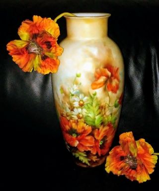 H &c Bavaria Heinrich Selb Floral Red Poppy Flowers Tall Hand Painted Vase