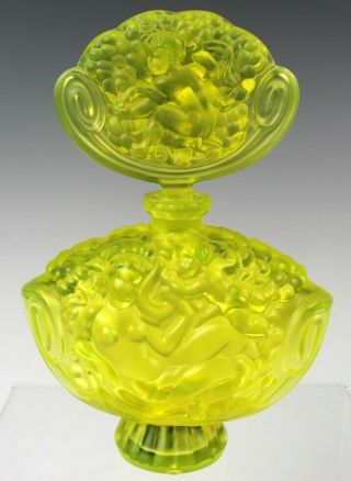 Signed Halama Czech Vaseline Green Art Nouveau Glass Crystal Perfume Bottle Hld