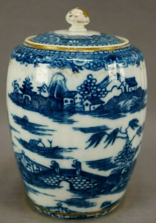 18th Century Caughley Blue Printed Pagoda & Gold Porcelain Tea Caddy C.  1780 - 1790