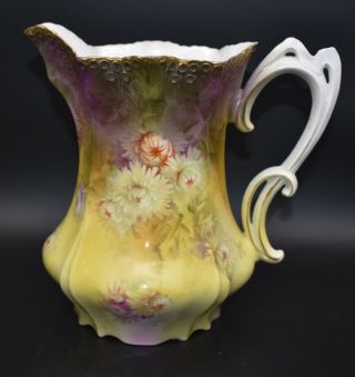 Rare Rs Prussia Balloon Mold Pitcher Pink Chrysanthemums Purple Gold Shadows