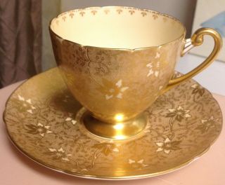 Very Rare Shelley England Gold Encrusted Cactus Chintz Ripon Shape Cup & Saucer