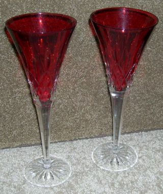 Set Of 2 Waterford Lismore Crimson Ruby Red Flutes Glass Wwith Box.