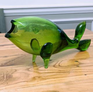 Mid Century Blenko Art Glass Fish Green Sculpture Vase Hand Blown Cond
