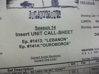 SUPERNATURAL - TV SERIES - CREW CALL SHEET - Season 14 - Lebanon / Ouroboros - Yellow 3