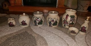 Home Garden Party Stoneware Birdhouse Stoneware Canister Set Of 5 1999 Soap Disp
