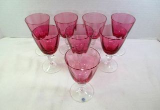 Vintage Set 8 Optic Cranberry Hand Blown Wine Glasses Clear Stem Goblets -