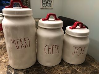 Rae Dunn Merry Cheer Joy Christmas Canister Set With Holiday Platters