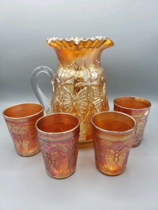 Antique Carnival Glass Fenton Marigold Butterfly And Fern 5 Piece Pitcher Set