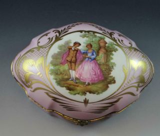 Lg Vintage French Limoges Porcelain Oval Dresser Box Fragonard Courting Couple