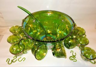 Iridescent Green Indiana Carnival Glass Punch Bowl With 12 Cups Ladle Hangers