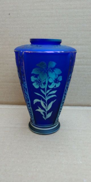 Vintage Fenton Art Glass Cameo Vase Iridescent Blue Flowers Signed