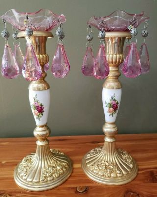 2 Royal Albert Old Country Roses 9 " 2 Candlesticks Holders Gold Plated Porcelain