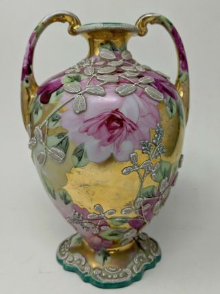 Antique Royal Moriye Nippon 2 - Handled 8 " Vase,  Pink Roses Motif W Gold & Moriage
