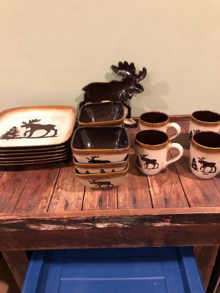 Woodland Home Studios Northwoods Moose Pine Tree Plates Tray Mugs Bowls