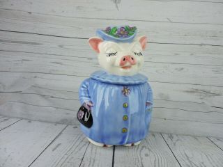 Vintage Shawnee 1940s Winnie Pig Cookie Jar Blue Dress Hat Handbag Floral Rare