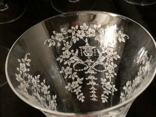 Set 6 Antique Etched Crystal Glass Footed Water Glasses - Urn Posies Bows