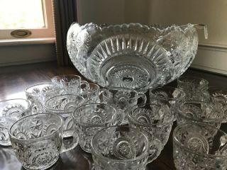 Antique Us Glass Co Eapg Slewed Horseshoe Radiant Daisy Punch Bowl Set 16 Cups