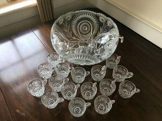 Antique US Glass Co EAPG Slewed Horseshoe Radiant Daisy Punch Bowl Set 16 cups 3