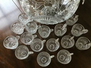 Antique US Glass Co EAPG Slewed Horseshoe Radiant Daisy Punch Bowl Set 16 cups 4