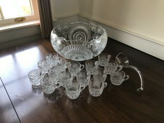 Antique US Glass Co EAPG Slewed Horseshoe Radiant Daisy Punch Bowl Set 16 cups 7