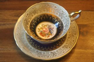 Aynsley Ja Bailey Signed Teacup Tea Cup Saucer Cabbage Rose Bouquet Gold Cobalt