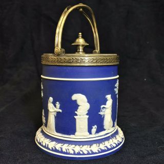 Antique 1870s Wedgwood Biscuit Jar W/ Lid & Handle - Blue Jasperware