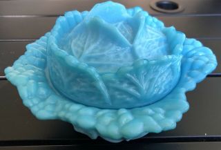 Antique Blue Opaline Glass Portieux Vallerysthal France Cabbage Covered Dish